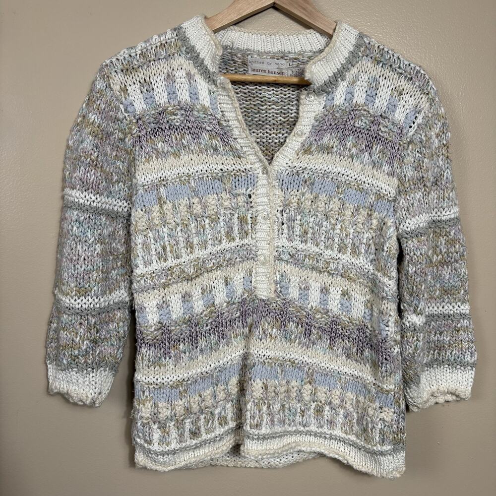 Lauren Hansen Hand Knit Cardigan Sweater Womens Pastel Chunky Button Front Boho